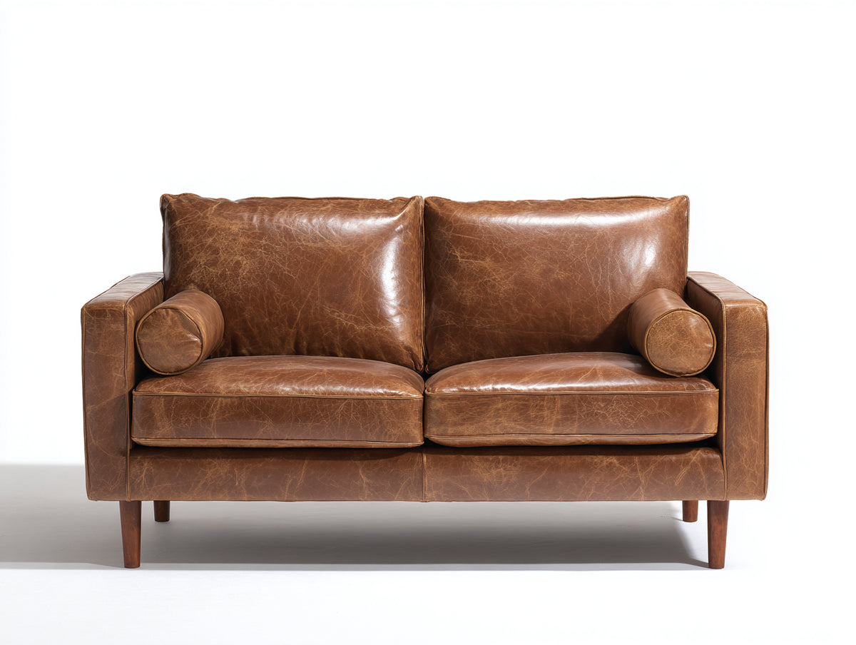 Canapé 2 places - Cuir - 166x88x85 cm - Brun caramel - Style rétro