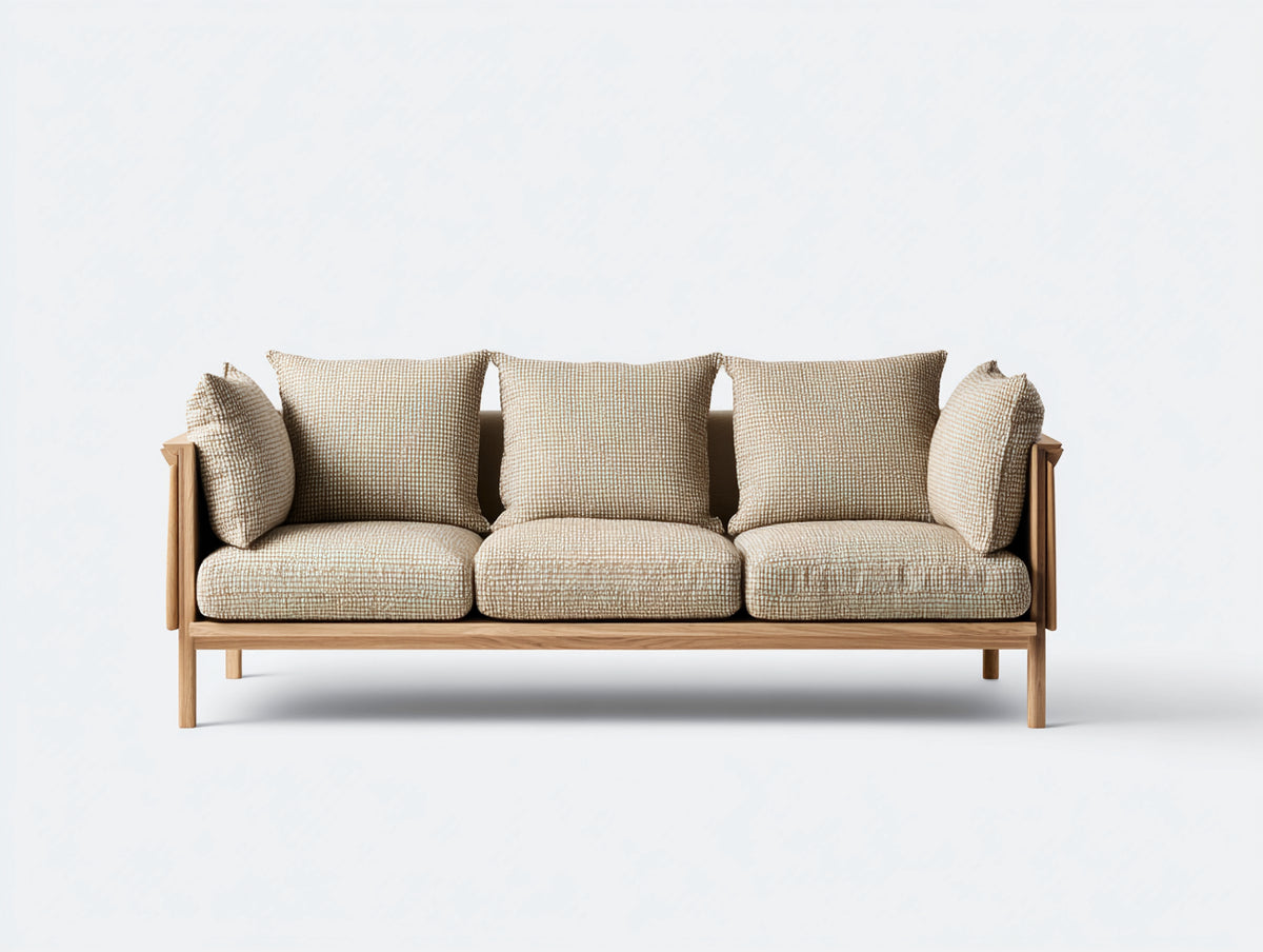 Canapé 3 places - Tissu tissé-Bois - 216x92x82 cm - Beige naturel-Bois clair - Style scandinave