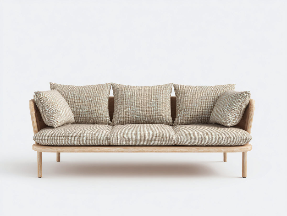Canapé 3 places - Tissu tissé-Bois - 214x91x81 cm - Beige naturel-Bois clair - Style scandinave