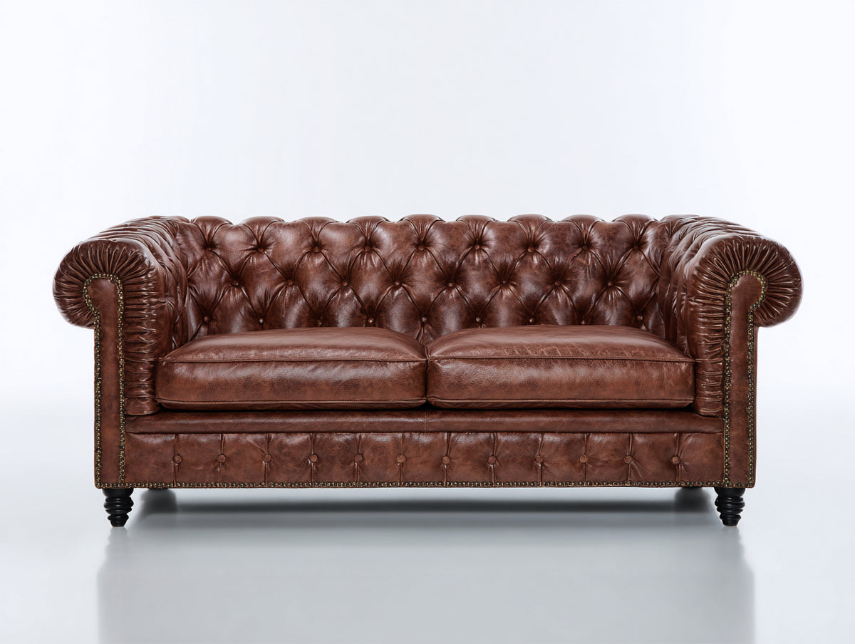 Canapé 2 places - Cuir - 177x90x76 cm - Marron cognac - Style Chesterfield