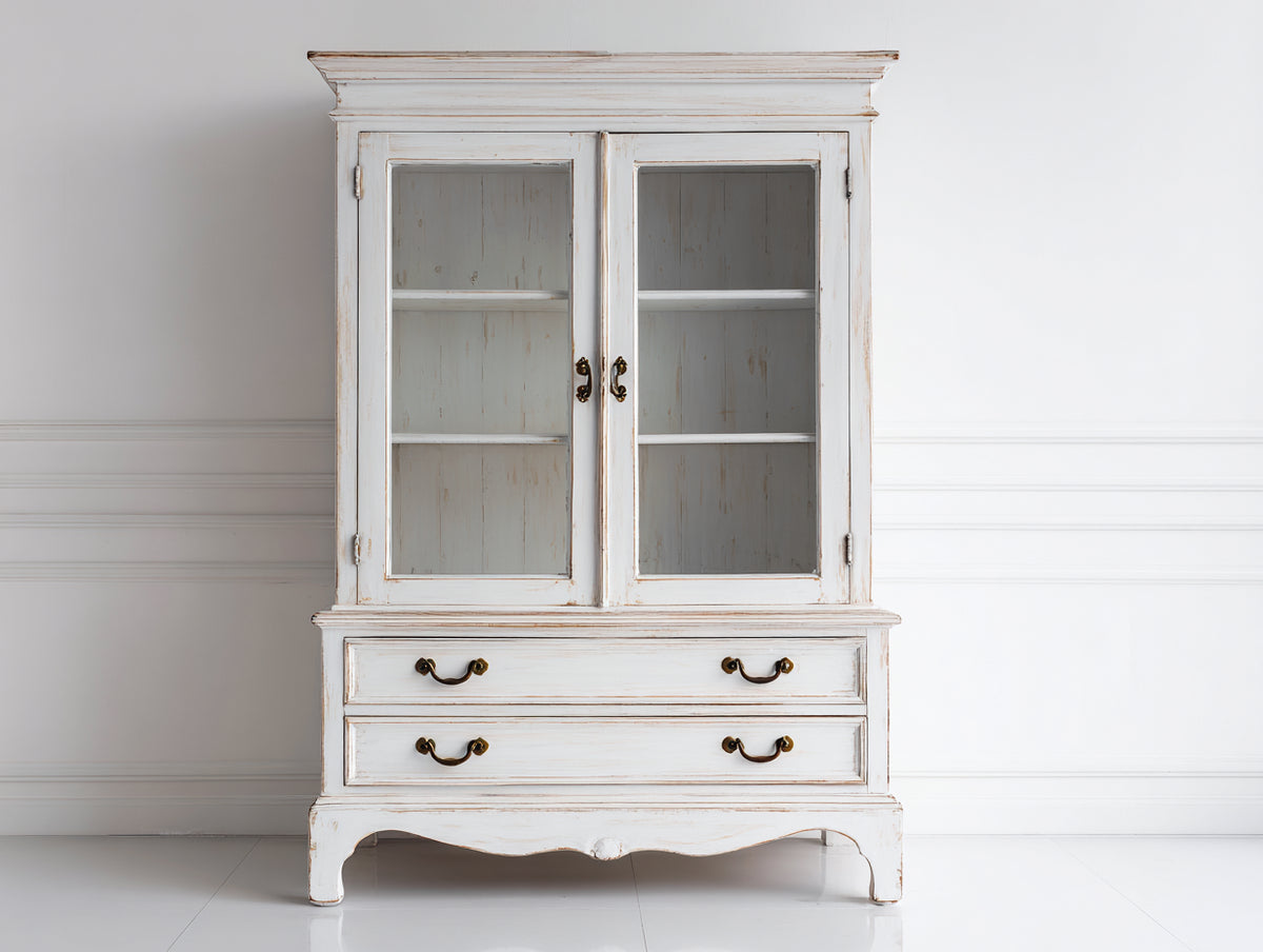 Vitrine - Bois-Verre - 101x46x174 cm - Blanc vieilli-Transparent - Style shabby chic