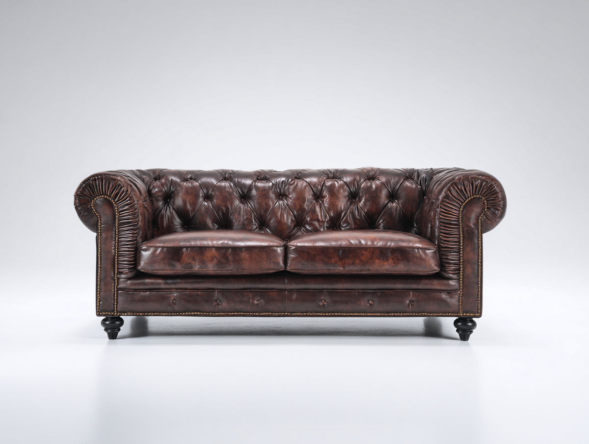 Canapé 2 places - Cuir - 172x88x78 cm - Brun foncé - Style Chesterfield