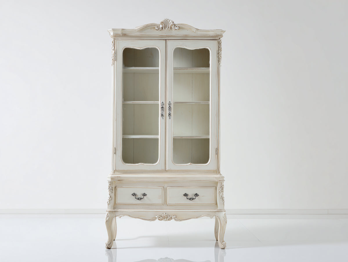 Vitrine - Bois-Verre - 91x44x189 cm - Blanc crème-Transparent - Style baroque