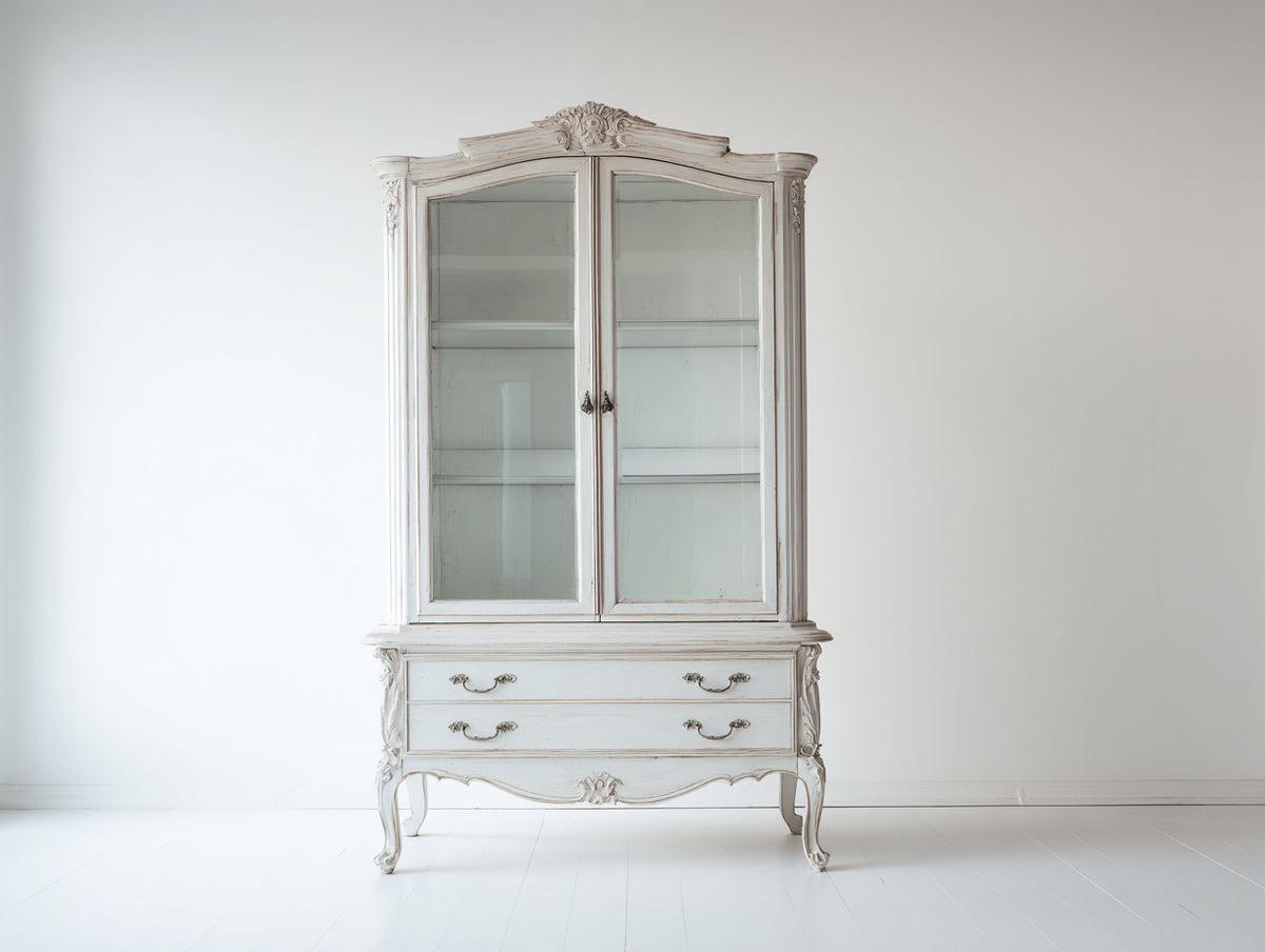 Vitrine - Bois-Verre - 97x46x188 cm - Blanc vieilli-Transparent - Style romantique