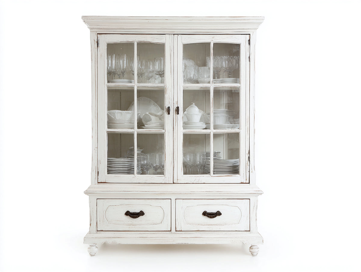 Vitrine - Bois-Verre - 108x45x180 cm - Blanc patiné-Transparent - Style campagne