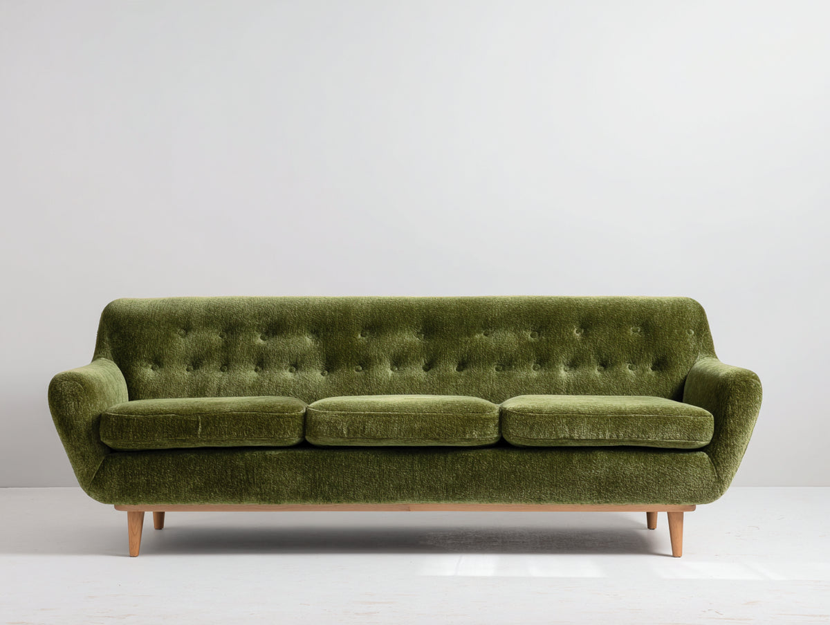 Canapé 3 places - Velours-Bois - 208x89x83 cm - Vert olive-Bois clair - Style moderne rétro
