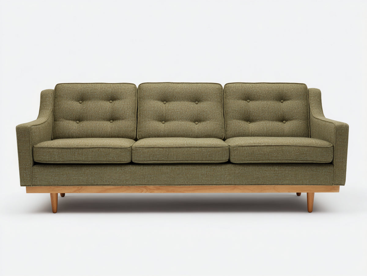 Canapé 3 places - Tissu tissé-Bois - 207x87x84 cm - Kaki olive-Bois clair - Style rétro moderne